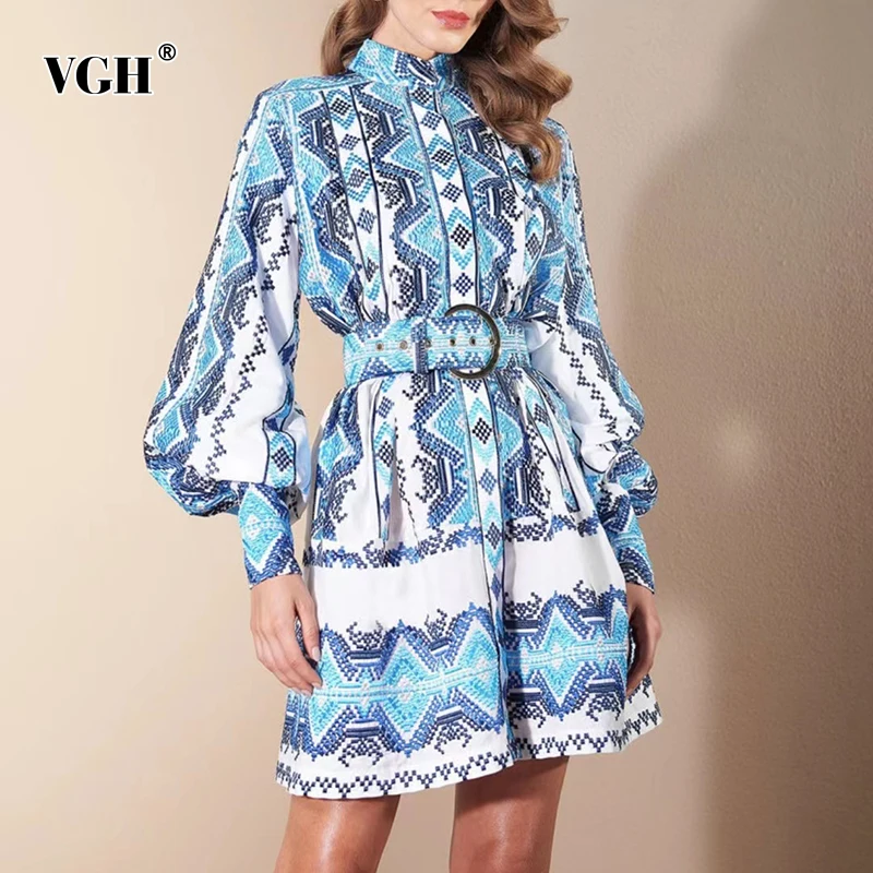 

VGH Casual Slim Print Belted Dress Female Stand Collar Long Sleeve Fashion Gathered Waist Dresses For Women Autumn Style 2021