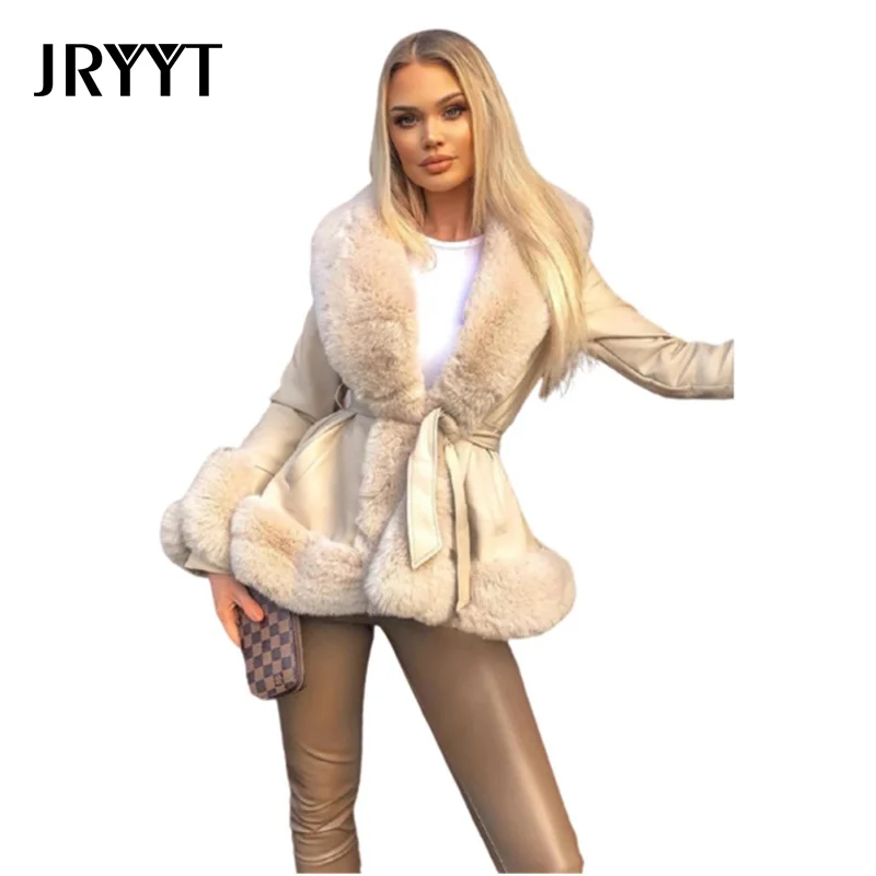 

JRYYT Winter Casual Warm PU Leather Coat Women Faux Fur Turn-down Collar Sashes Jacket Women Slim Long Sleeve Overcoat Female