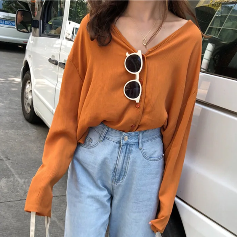 

Female Long Sleeve Chiffon Blouse Women V Neck Tops Ladies Blouses Shirts