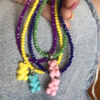 flatfoosie trendy mini bear gummy beads necklace for women colorful glass beaded jelly bear choker necklace female party jewelry