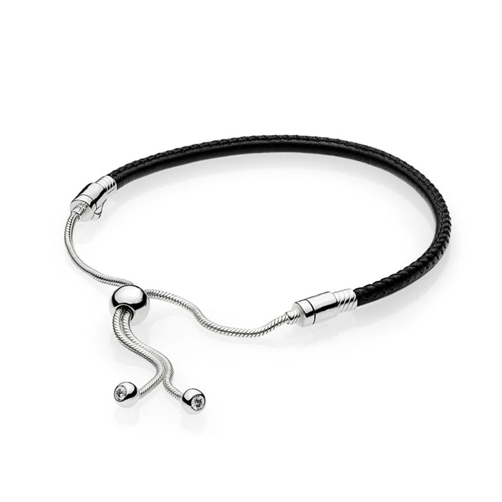 

NEW 2018 New 100% 925 Sterling Silver Moments Black Leather Sliding Bracelet Charm Women of Fashion DIY Gift Jewelry