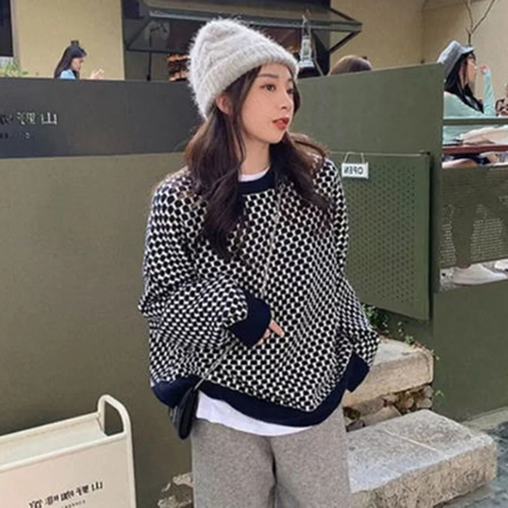 

2021 Autumn Winter New Womens Sweater Lattice Japanese Style Loose Round Neck Long Sleeve Casual Simplicity Pullover Women