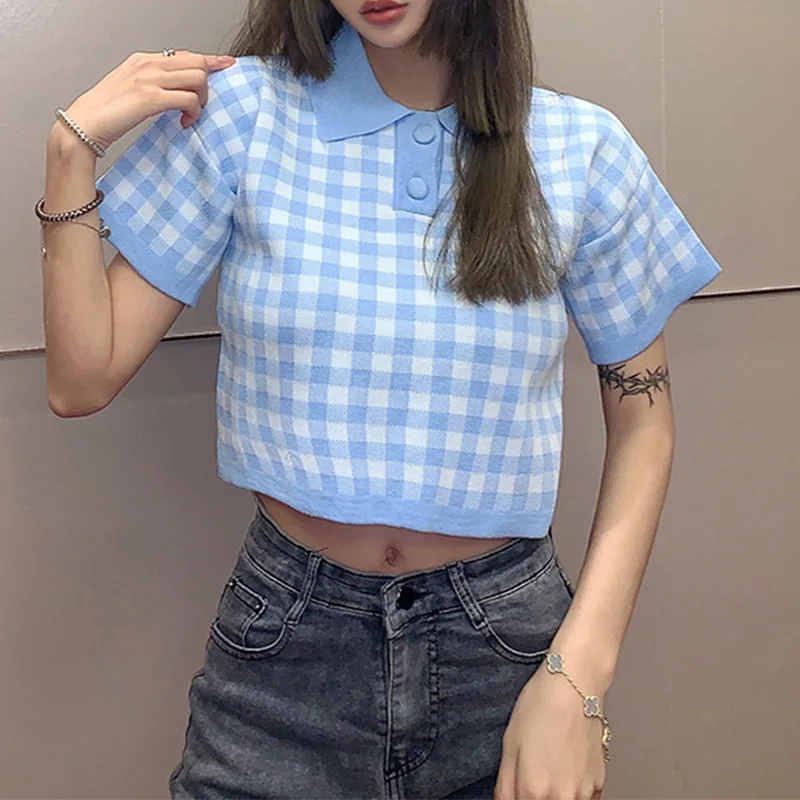 Женская футболка в клетку розовая или синяя с коротким рукавом круглым вырезом и