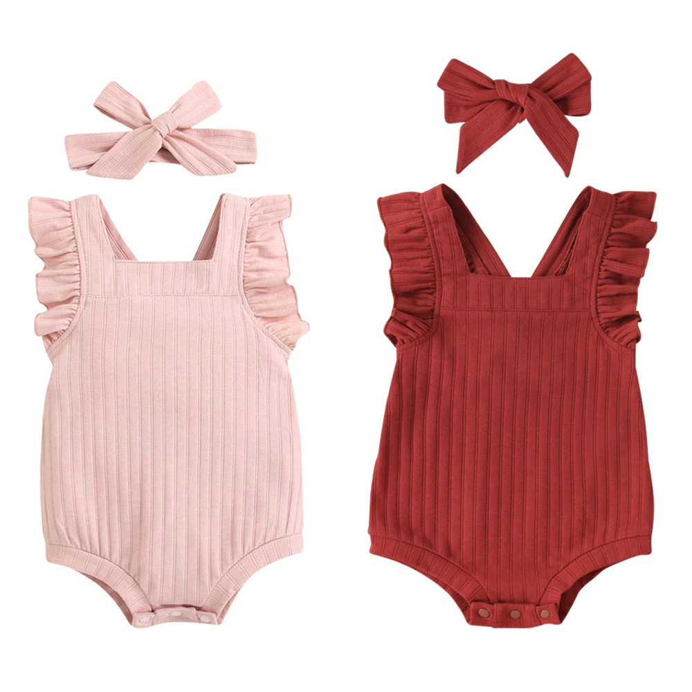 

2 Piece Fashion Ruffles Newborn Baby Girl Solid Romper Jumpsuit +Headband Summer Sleeveless Clothes Outfits 0-24M