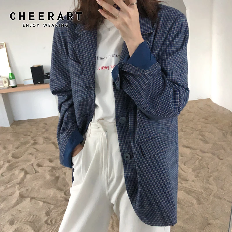 Женский клетчатый Блейзер CHEERART повседневный Синий Свободный блейзер с разрезом