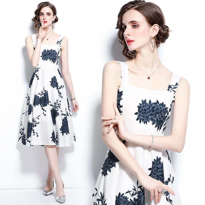 

Simgent White Dress Summer Women Sleeveless Strap A Line Flared Print Dresses Vestidos 2021 Fashion New Jurken SG15304
