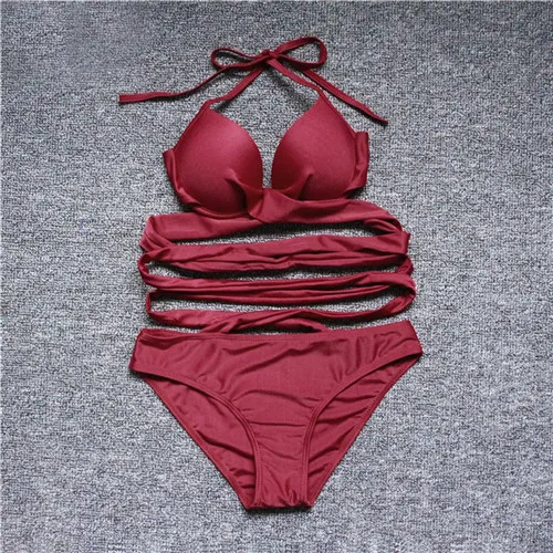 wine red Сексуальный комплект бикини, купальник для женщин, треугольный купальник, бандаж, пуш-ап, Мягкий купальник, летний женский купальник размера плюс - Цвет: wine red