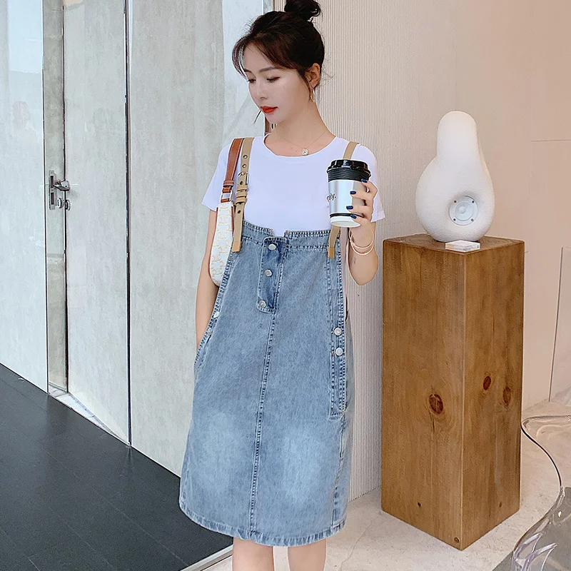 

European Station Cotton Casual Denim Brace Dress Women's Clothing 2021 Summer New Youthful-Looking Two-Piece Set