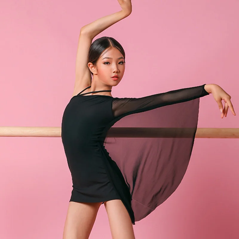 

Платье для латинских танцев, одежда для тренировок с одним рукавом, детское Сетчатое платье с рукавами, одежда для танго, румбы, сальсы, ча-са...