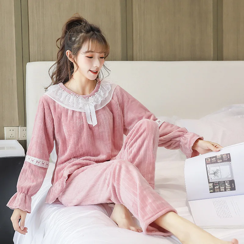 

Pajamas for Women Ruffle Plush Cute Korean Pink Pajamas Fashion Home Nightgown Round Neck Solid Color Plush Plus Size Pajamas