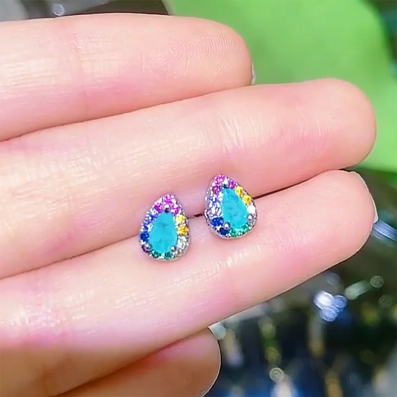

Foydjew New Style Personalized Fashion Inlaid Diamond Stud Earrings Colorful Zircon Lake Green Paraiba Water Drop Earring