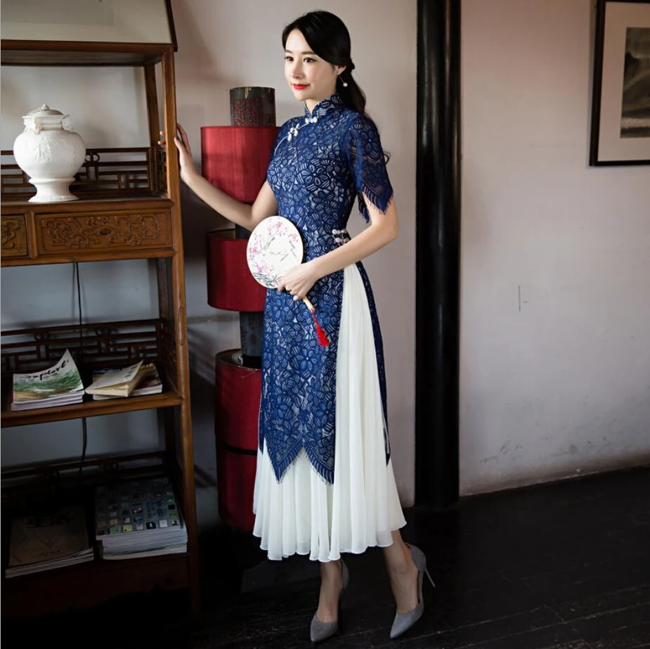 Сексуальное кружевное платье аозай, традиционная одежда Вьетнама, qipao, женские халаты из 2 предметов+ юбки, китайское женское элегантное платье, улучшенное
