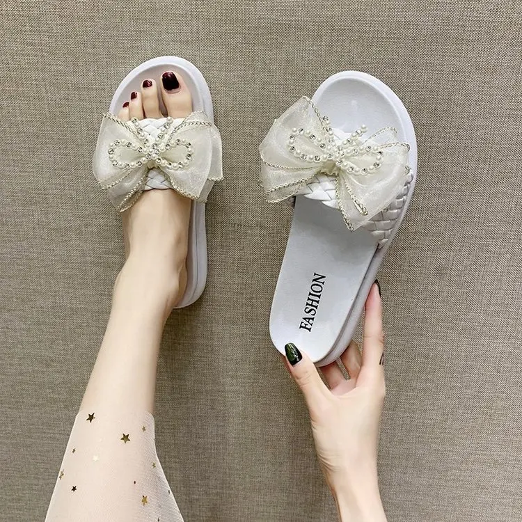 

Fashion Slipper Women Mesh Butterfly-knot Bordered Shining String Bead Summer Black Elegant Retro Female Slippers