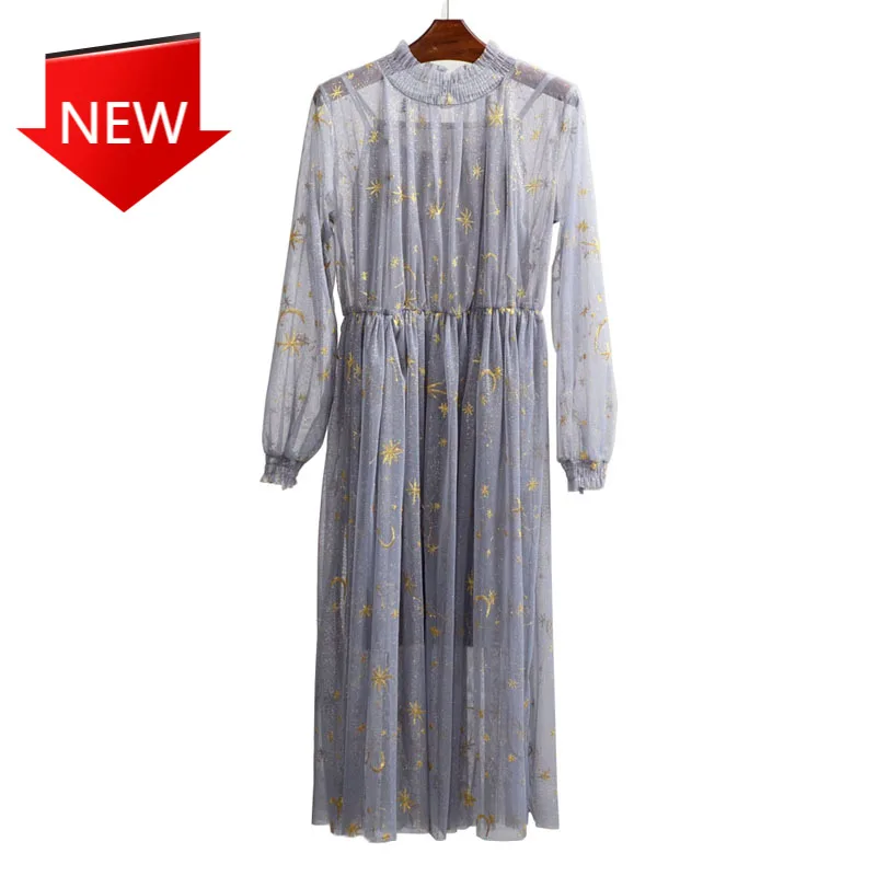 

Платье PERHAPS U средней длины с вышивкой в виде звезд и луны, Сетчатое элегантное милое Вечернее свободное с длинным рукавом и воротником-стойк...