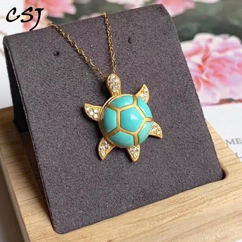 Женский кулон с бирюзой CSJ прекрасное ювелирное ожерелье из стерлингового серебра 925 пробы черепахой