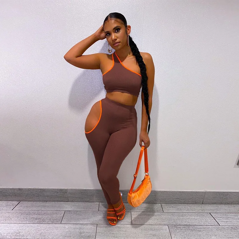 

Однотонный тянущийся Топ без рукавов с диагональным воротником, длинные брюки-карандаш, женский спортивный костюм из двух предметов