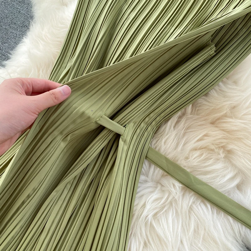 

Vintage loose bandage long pleated chiffon Dress Summer party soft tank sundress Women tunic elegant beach holiday Dress