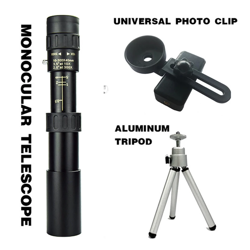 

10-300x40mm Monocular Telescope Portable Pocket Hd Prism Monocular Mobile Monocular Phone Universal Clip Triangle Bracket