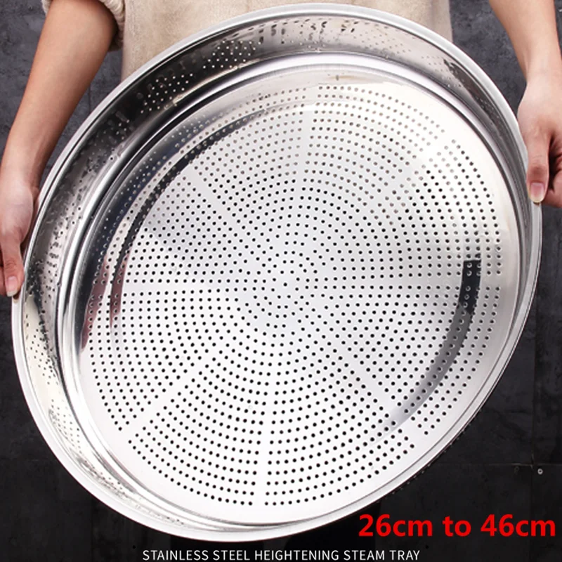 

Thickened Stainless Steel leak colander Plate Round hole tray Deep Pallet Super Large Steamer Rice bean Disc Drainage Plate set