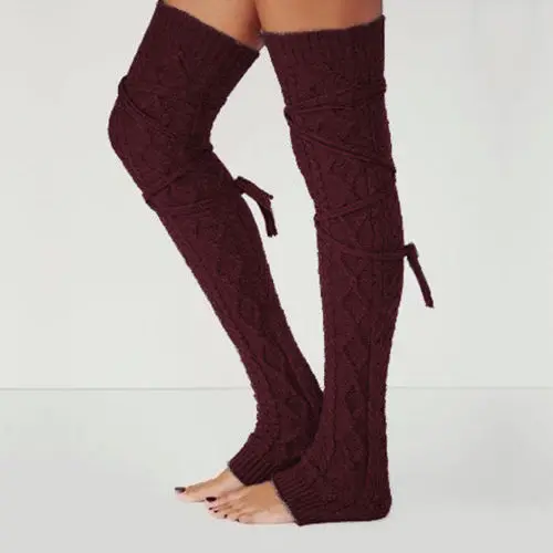 

1Pcs Women Knitted Solid Knee High Leg Warmer Autumn Winter Warm Soft Female Fashion Lace up Leg Warmer 4 Colors