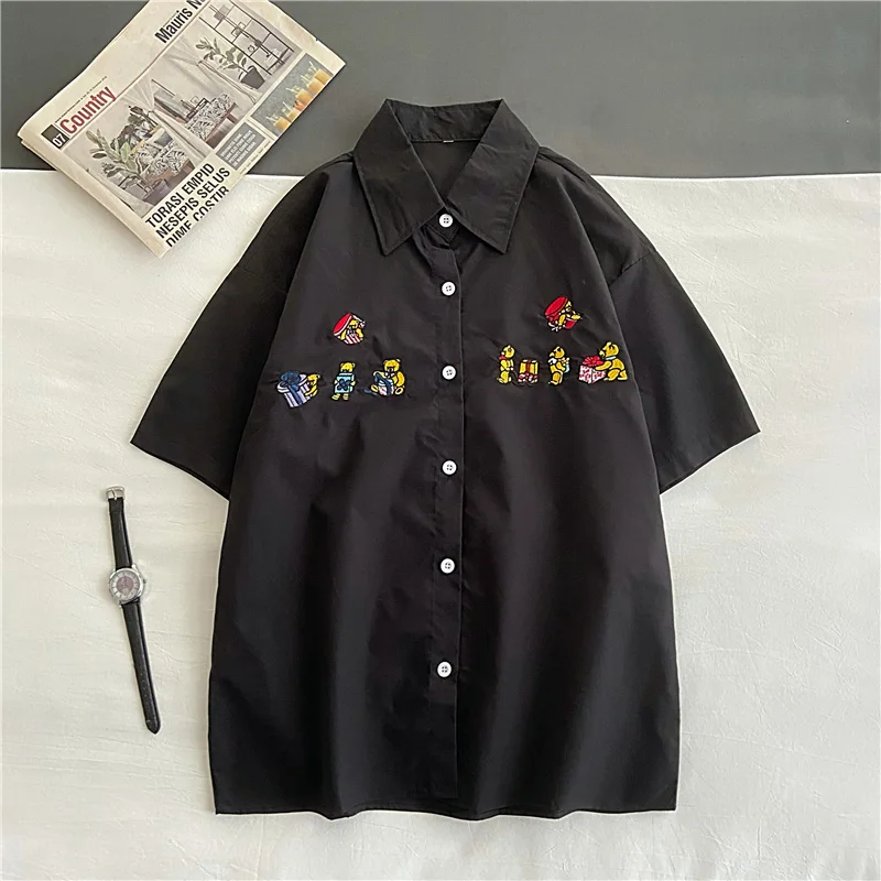 

EBAIHUI Cartoon embroidery Blouses Women Vintage Korean Basic Loose Chic Ladies Shirts Daily College Street Womens Blouse Top