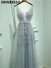 Женское вечернее платье с V-образным вырезом, серое фатиновое платье с вечерние платья с аппликацией, настоящие фото, 2020