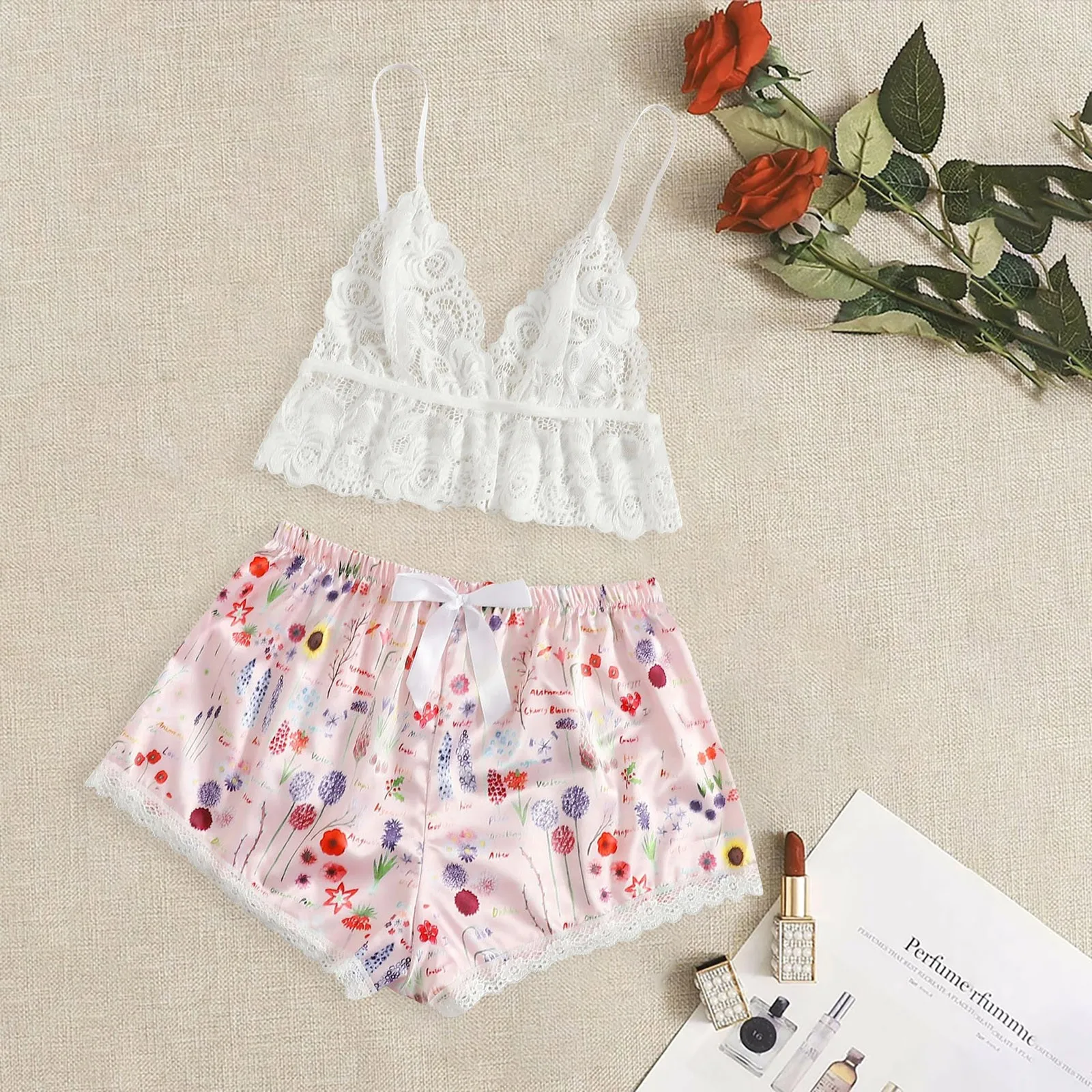 

Sexy Lingerie Women's Pajamas Floral Sleepwear Mujer Sleeveless Strap Underwear Pyjama Lace Trim Satin Cami Top Short Pajama Set