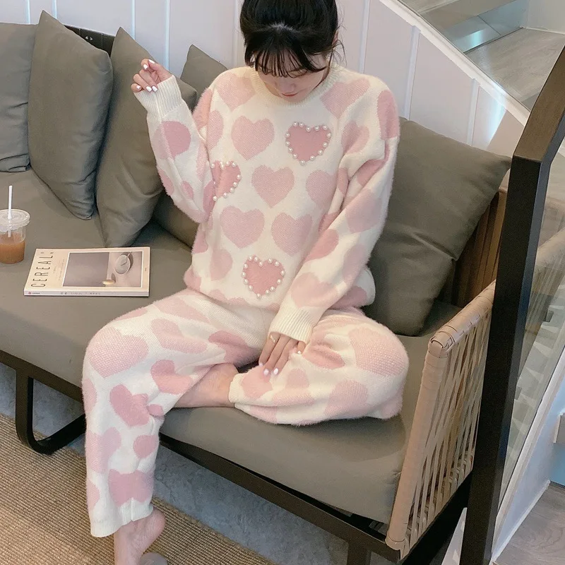 

High Quality Sleepwear Knitted Imitation Mink Velvet Women's Pyjamas Love Inlaid Pearls Pajamas Soft Homewear Set Pijamas Mujer