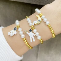 trendy pearl copper gold plated beads chain beaded bracelet fit women kid enamel star moon astronaut pendant bangle jewelry gift