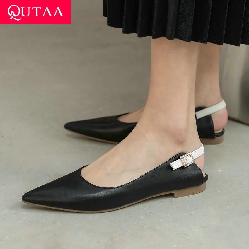 

QUTAA 2021 Female Flats Spring Summer Genuine Leather Flat Heel Women Shoes Back Strap Buckle Slingback Sandals Big Size 34-43