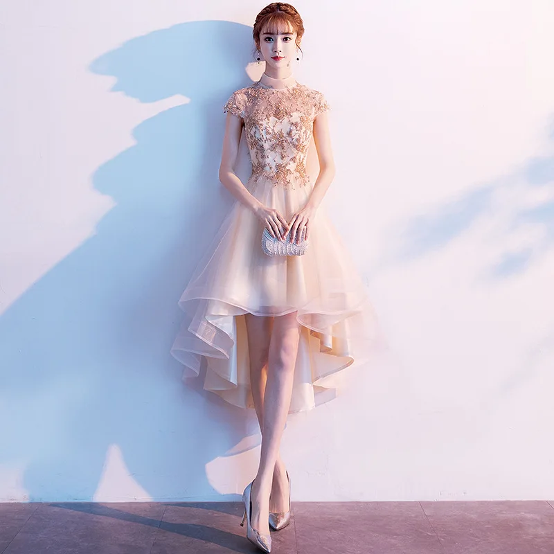 

Женское платье с высоким воротником, изысканная аппликация, банкетное платье с коротким рукавом, облегающая Асимметричная юбка, вечернее п...