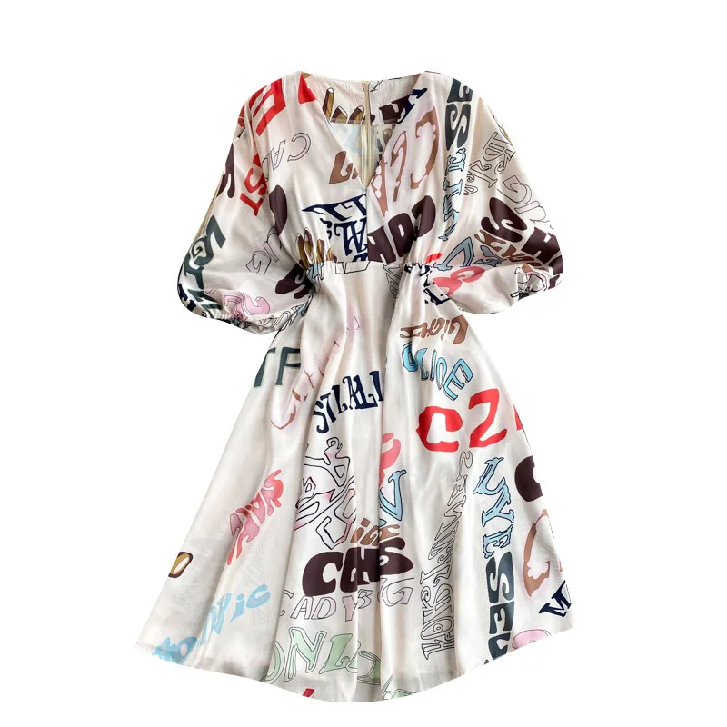 

2021 Korean Fashion Puff Sleeve V Neck A-line Dress Women Design Letter Print Dresses Summer Casual Streetwear Short Sundress