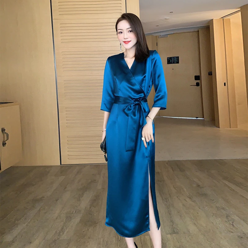 

V-neck Three Quarter Sleeves Luxury Satin Silk Acetate Dresses Soft Slip Formal Occasions Party Dress Women Elegant Summer Style