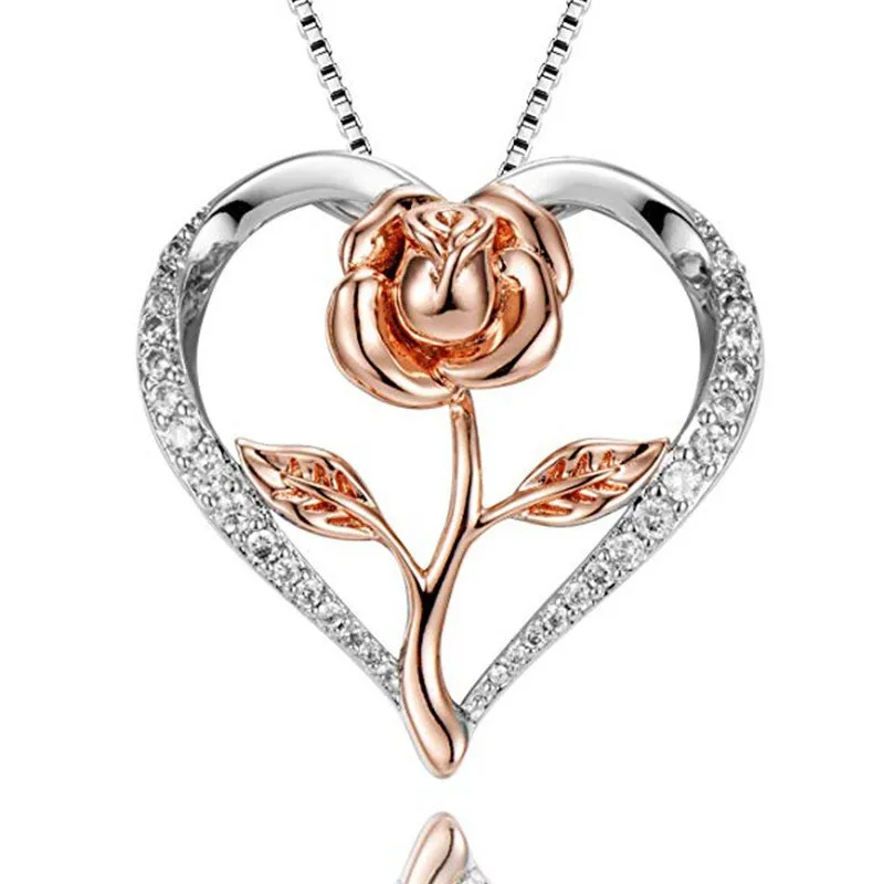 

Heart Shaped Rose Gold Pendant Necklace Women's Silver Plated Two Color Zircon Necklace Fashion Jewelry Valentine's Day Gift