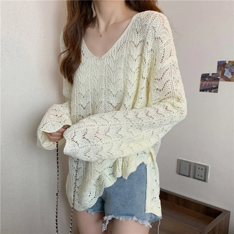 

Женский вязаный пуловер с V-образным вырезом, с защитой от солнца