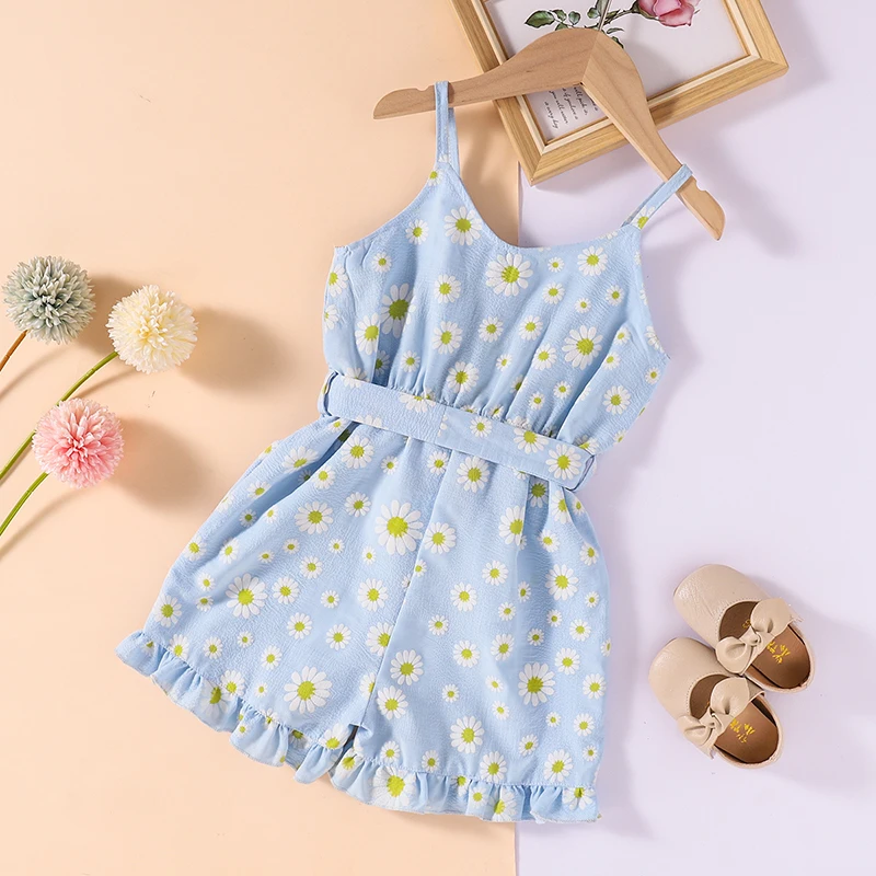 

Kids Baby Girls Fashion Sleeveless Floral Breasted Tied Romper Jumpsuit Summer Stylish Leisure Ruffle Hem Romper Jumpsuit