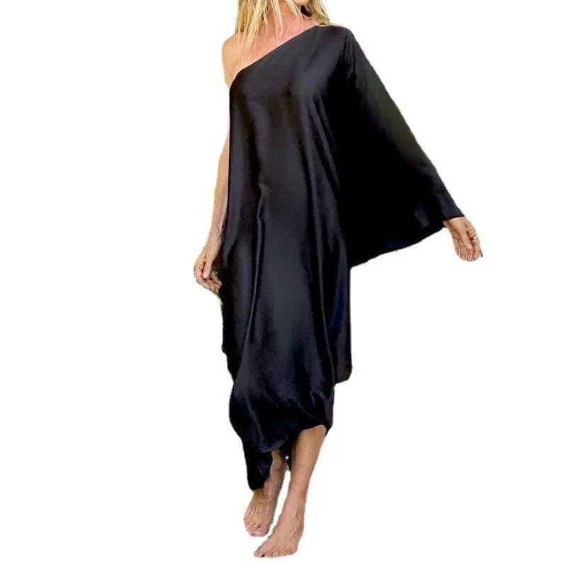 

Women Dress 2021 Autumn Diagonal Shoulder Casual Sexy Beach Holiday Solid Color Big Pendulum Dress Vestido Feminino