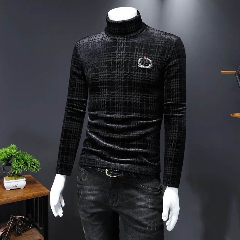 

Excellent Men's T Shirts EU Designer Embroidery Plaid Velvet Thicken Full Sleeve Half Turtleneck Vintage Winter Clothing#C111