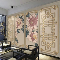custom photo wallpaper chinese style 3d peony flower light luxury golden embossed line pattern border fresco papel de parede 3 d