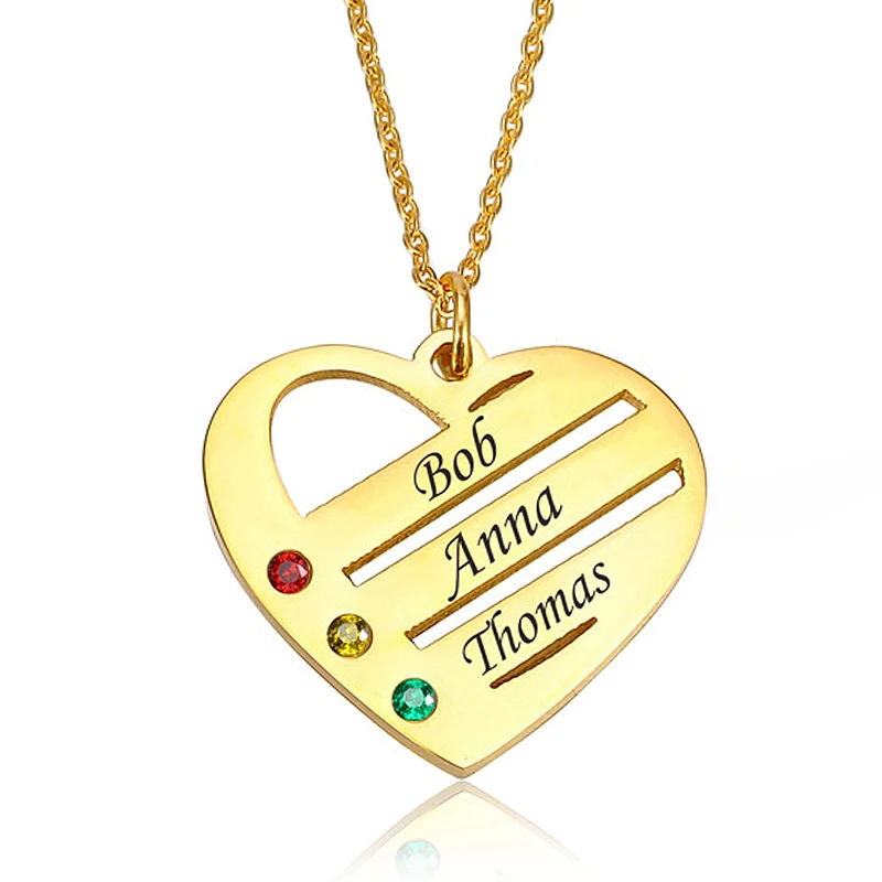 

Personalized Custom Name Necklace Stainless Steel Heart Charm Birthstones Engraved Names Family Necklaces For Women Men Choker