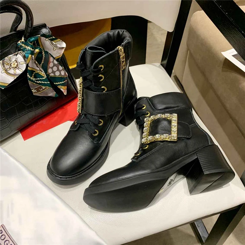 

Luxury Crystal Buckle Decor Women Ankle Boots Fashion Genuine Leather Chunky High Heels Women Short Boots Lace Up Martin Boots
