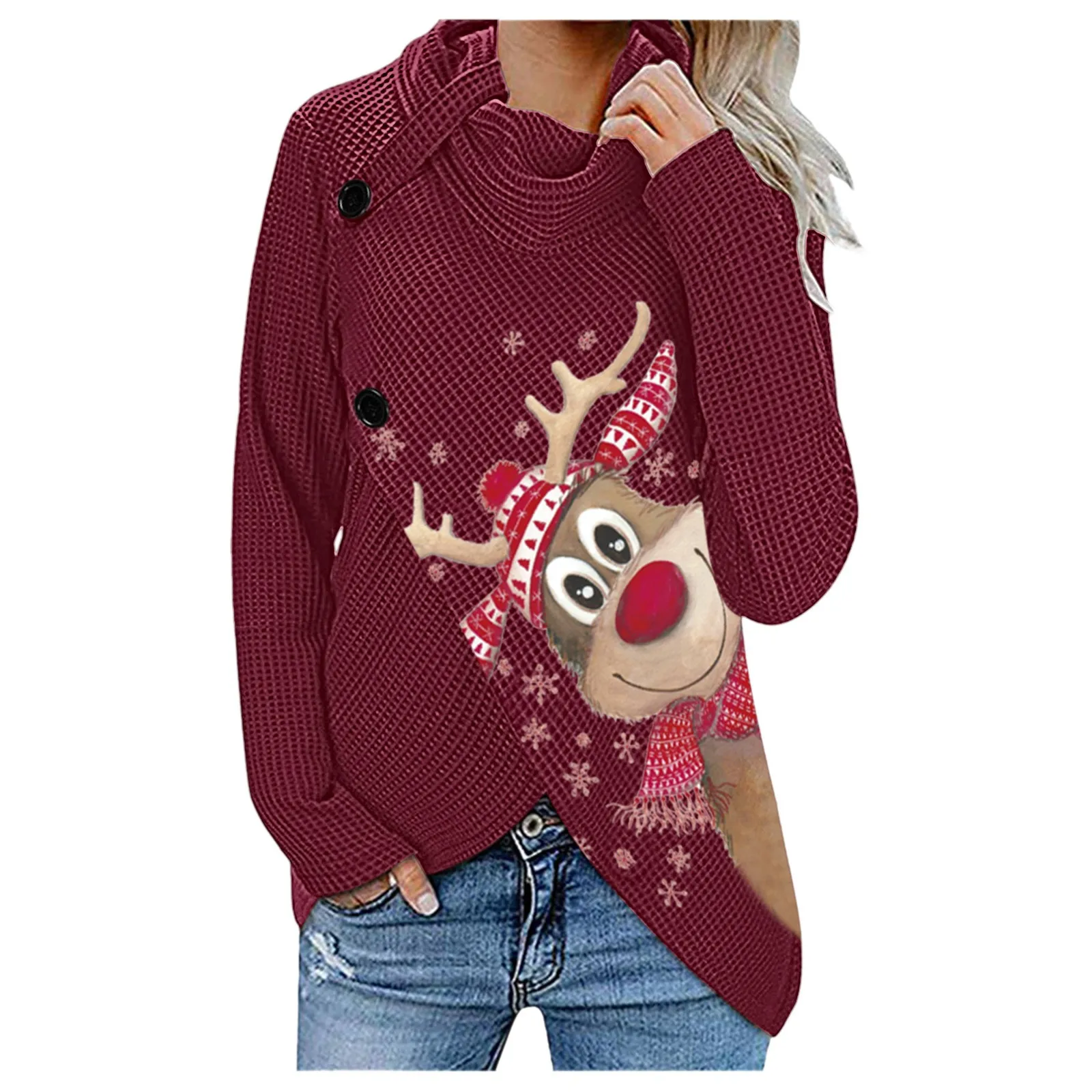 

Casual Woman Hoodies Fashion Christmas Printed Long Sleeve Irregular Buttons Turtleneck Pile Neck Sweatshirt Top Female Clothes