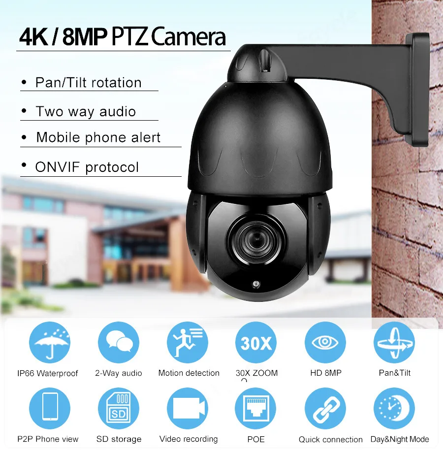 

POE 4K 30X PTZ Speed Dome IP Camera Hikvision Compatible Outdoor 8MP SONY IMX415 Optical Zoom IR 60M CCTV Security Waterproof