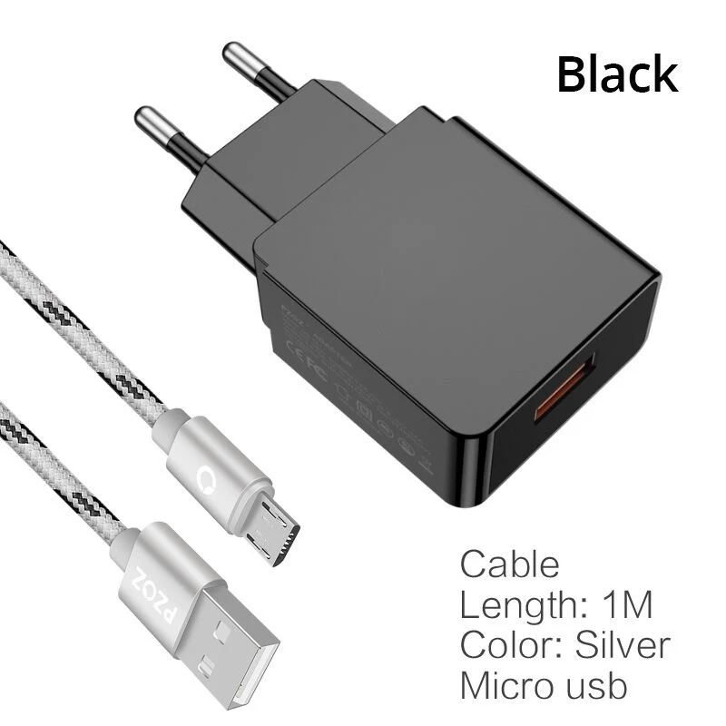 PZOZ Быстрая зарядка 3,0 USB зарядное устройство быстрое зарядное устройство 18 Вт ЕС настенный usb портативный адаптер зарядное устройство кабель для мобильного телефона для samsung S10 S9 S8 - Тип штекера: Black and Micro