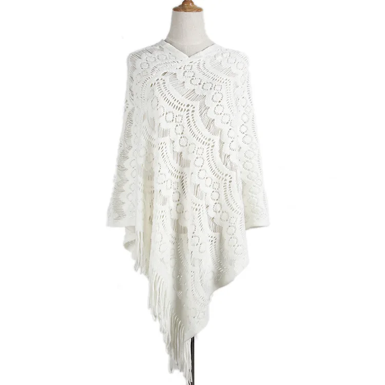 5 Colors Women Hollow Out Crochet Lace Capes Tassel Loose Poncho 2020 Autumn Knitted Bat Sleeves Long Sweater High Neck Pullover | Женская