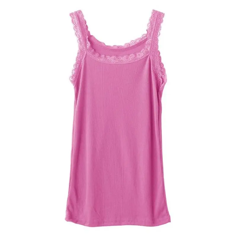 

Women Summer Sleeveless Tank Solid Candy Color Basic Camisole Floral Lace Trim Ribbed Knit Casual Underwear Slim N7MF