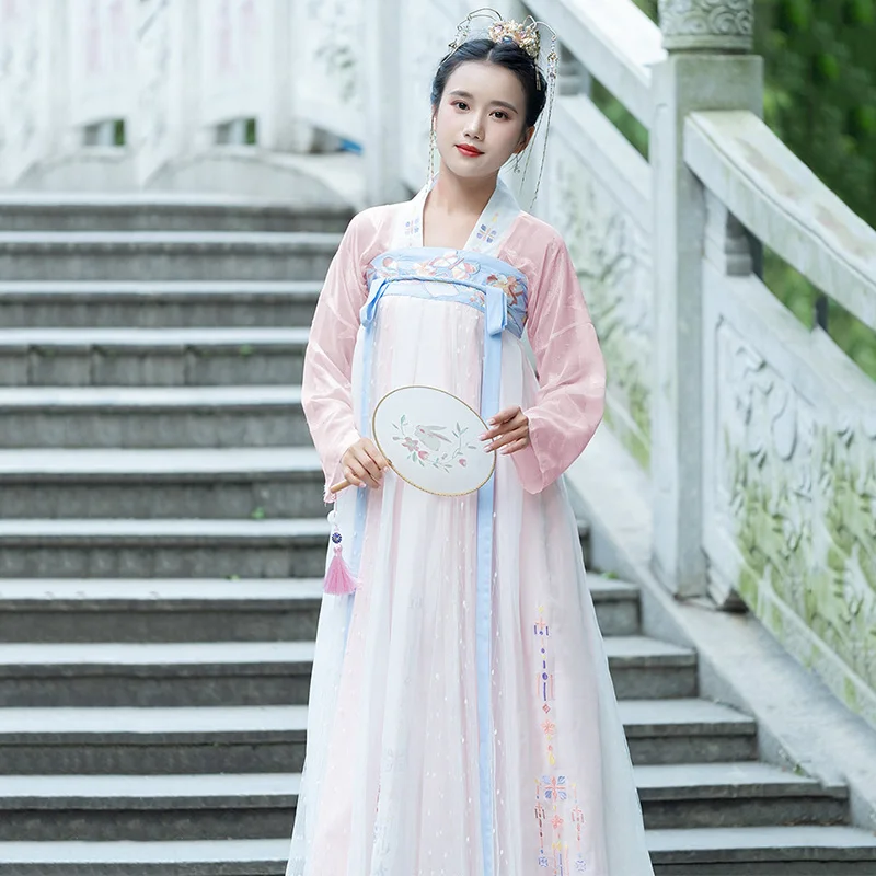 

Women Embroidery Hanfu Pink Fairy Dress Classical Dance Costume Folk Festival Outfit Stage Rave Performance Clothes 2 Pcs DF1345
