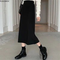 preppy style girls women autumn spring fashion solid black split high waist tunic long pencil skirts o286