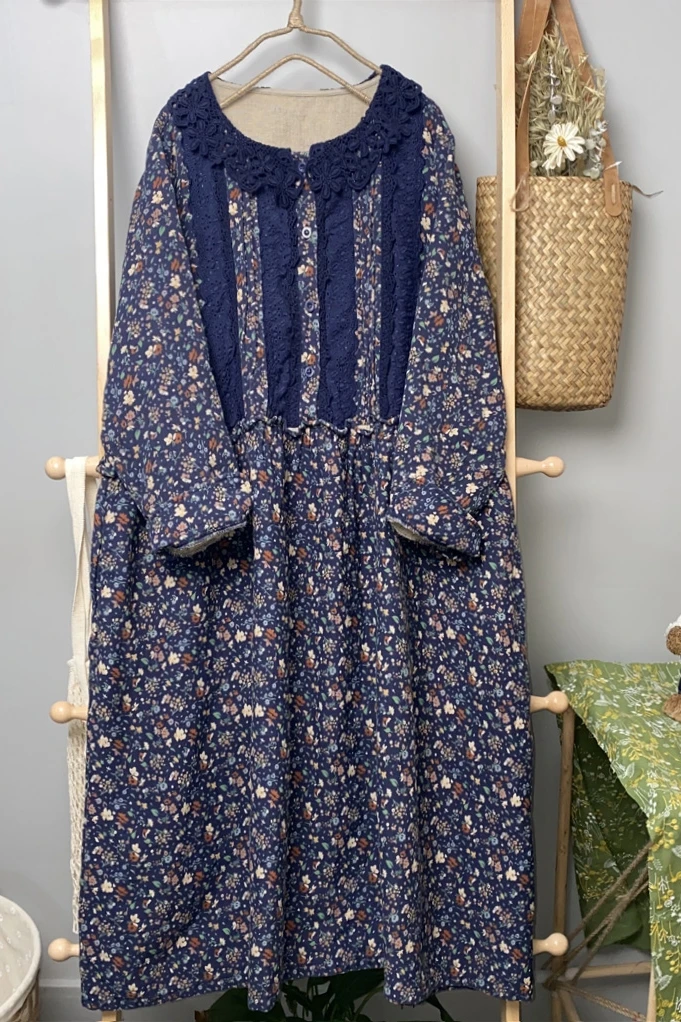 

Floral Temperament Long Cotton Dress 2021 Spring Summer New Small Fresh Embroidery Lace Collar Mid-Length Dress Female