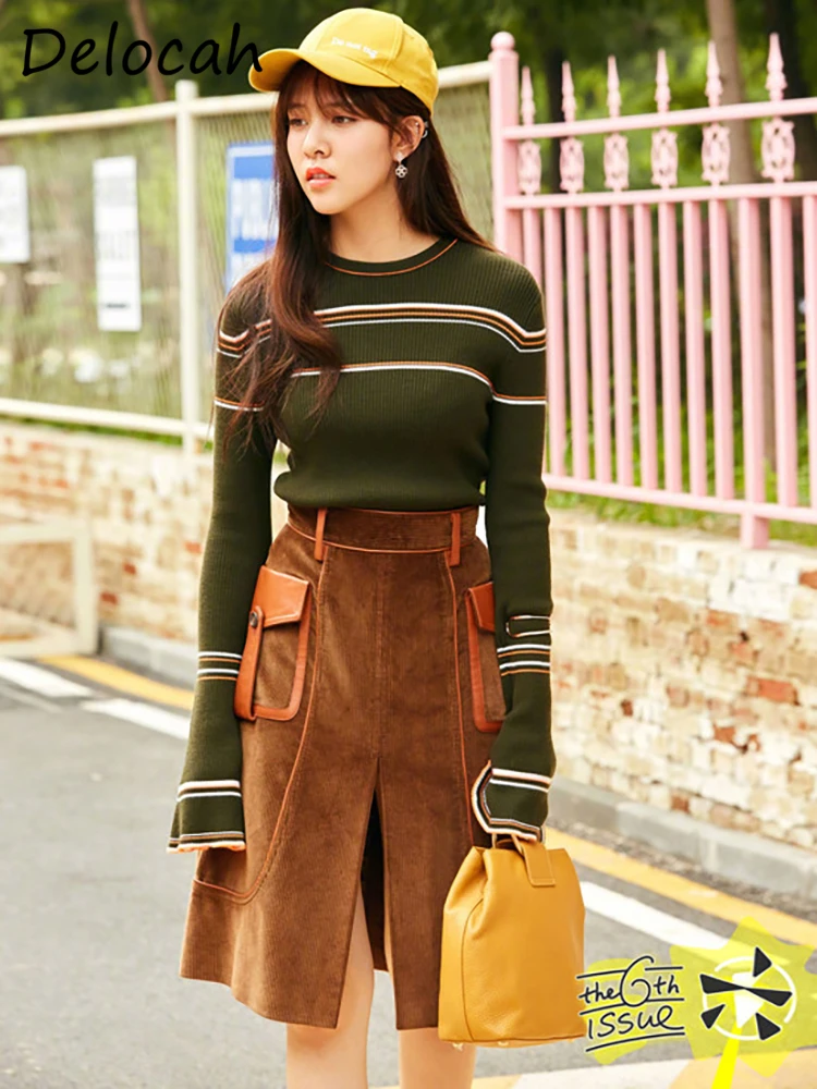 

Delocha Новинка 2021, зимний женский модный дизайнерский комплект юбок с длинным рукавом, Вязаный топ + юбка с высокой талией, Облегающие юбки тра...